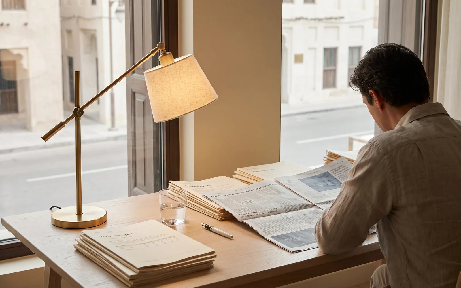 An editorial reading desk in a quiet Abu Dhabi study, printed reports in considered light