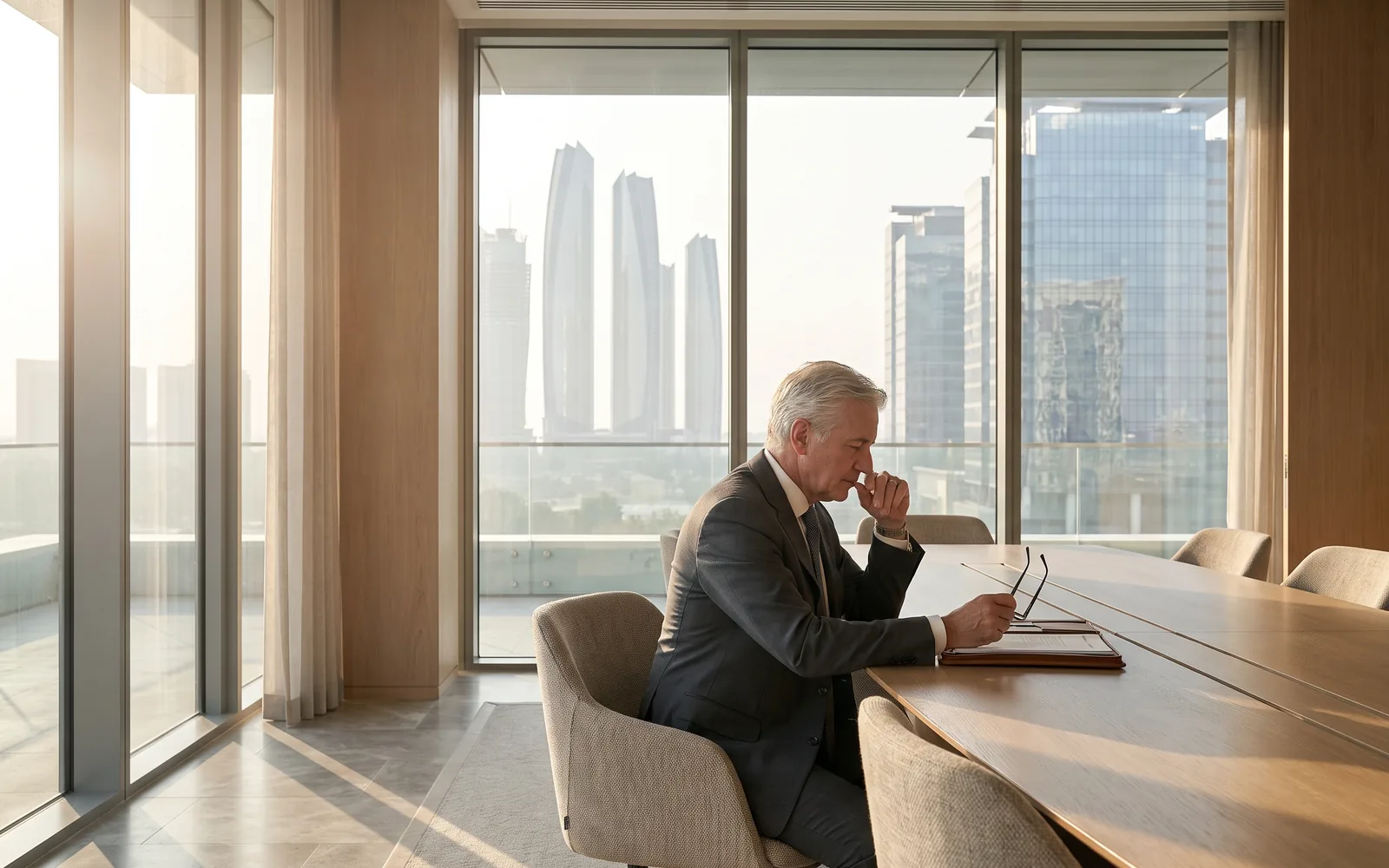 A senior executive looking out over the Abu Dhabi skyline