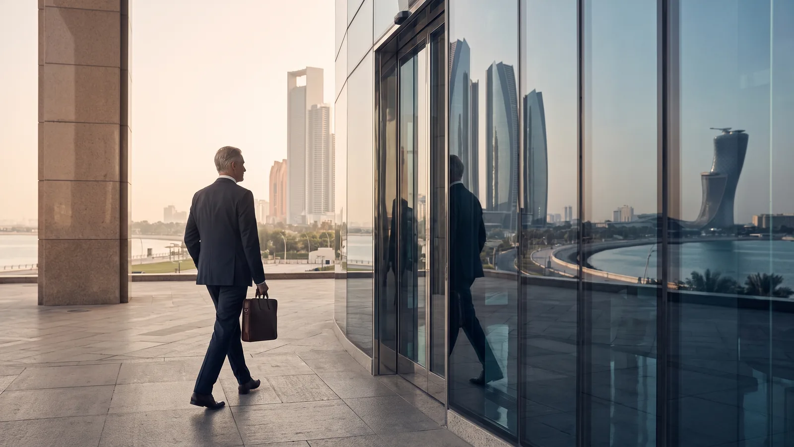 A composed senior executive walking through a bright business-district atrium in Abu Dhabi