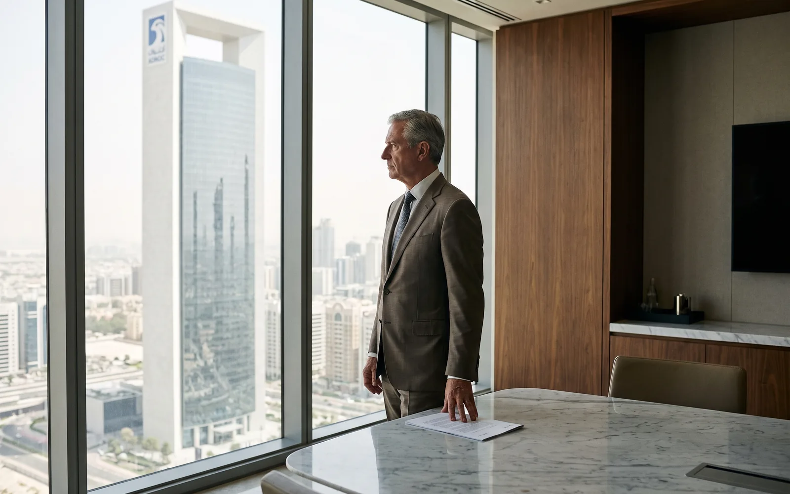A senior executive in a calm, light-filled Abu Dhabi office, the business district beyond the glass