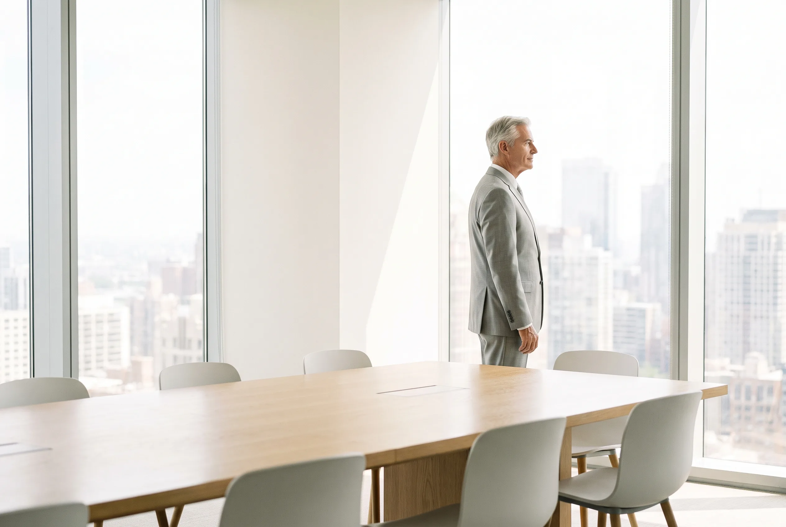 A senior executive at the window of a bright boardroom before a meeting