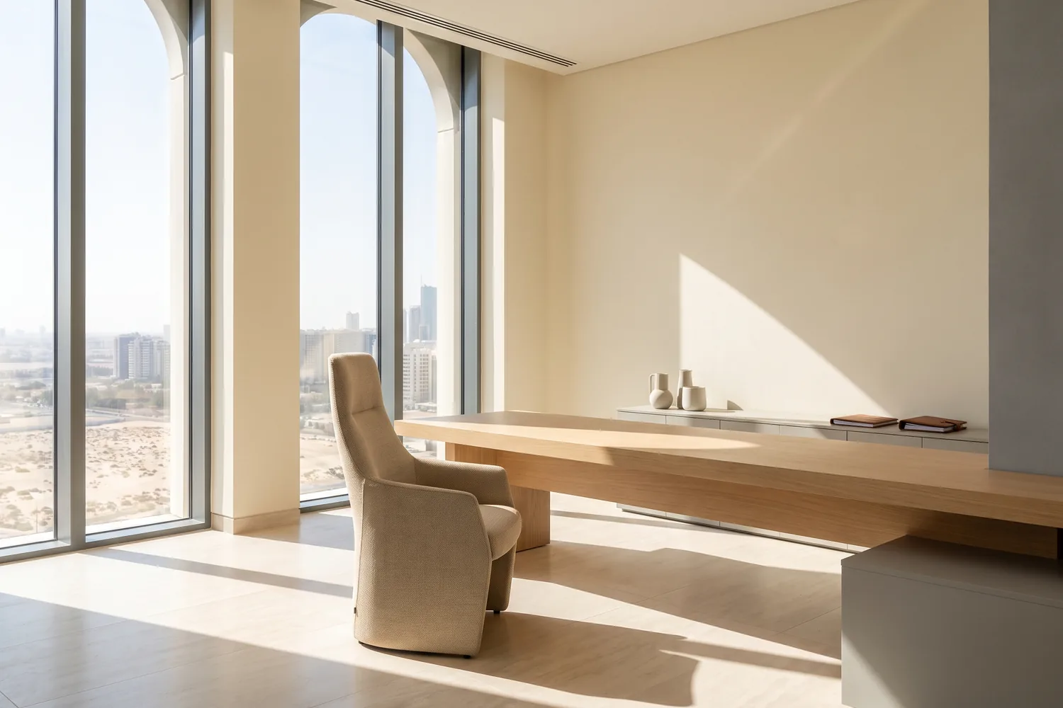 A calm, light-filled executive interior with a single chair and a long timber table